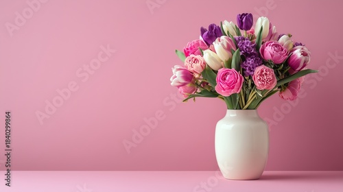 Wallpaper Mural A clean, studio-style shot of a vibrant bouquet featuring pink roses and purple and white tulips, arranged beautifully in a sleek, white ceramic vase. Torontodigital.ca