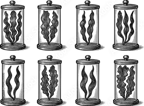Vintage botanical specimen jars with seaweed in detailed black and white engraving style
