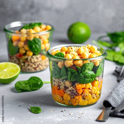 Two glass jars filled with a vibrant layered salad.  Healthy meal prep containers.  Quinoa, chickpeas, spinach, and roasted vegetables.  Fresh lime slices