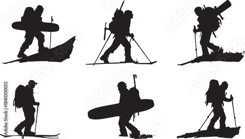 Black Solid Backcountry Steep Ridge Hike Silhouettes Set of Six on White Background