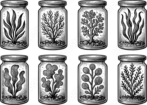 Vintage botanical jars featuring detailed marine plants in black and white sketch style