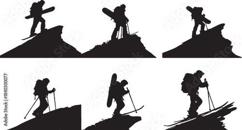 Black Solid Backcountry Steep Ridge Hike Silhouettes Set of Six on White Background