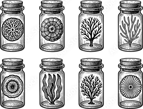 Hand drawn vintage jars with sea plants and fossils ink art collection