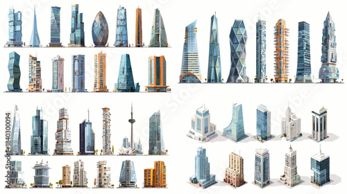 Collection of modern skyscrapers and architectural buildings featuring sleek towers, glass facades, and urban structures. Suitable for city planning visuals, real estate graphics, architectural concep