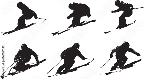 Black Solid Beginner Slide-Stop and Falling-Leaf Silhouettes Set of Six on Six on White Background