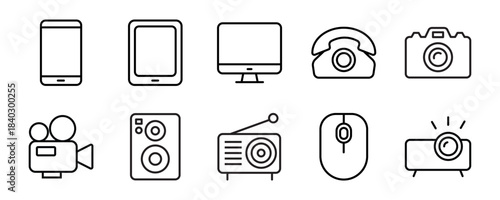 Device line editable icons set. Containing computers,
smart phones, speaker and more. Vector
illustration