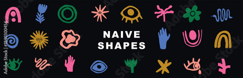 Retro naive geometric shapes collection featuring funky abstract forms, vintage flowers, stars, and eyes in a playful design perfect for modern graphic projects.