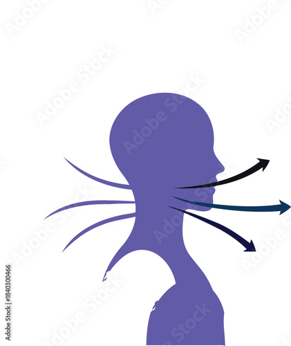 Abstract silhouette of a human head and shoulders with outward flowing arrows representing breath or exhalation in a simplified graphic illustration