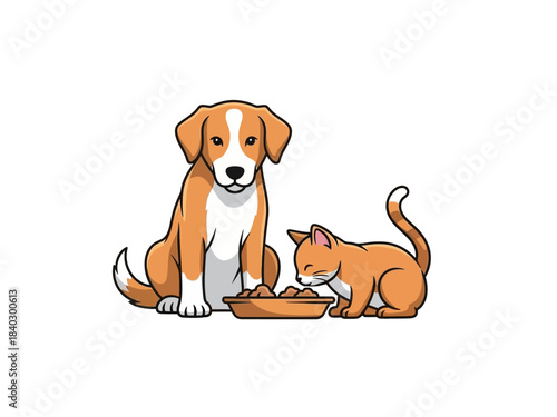 Illustration of cat and dog eating together from a bowl, isolated on white background