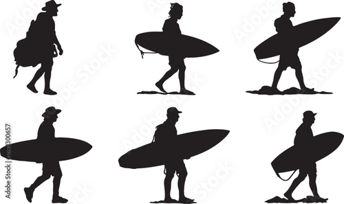 Black Solid Board Carrying and Walking Styles Silhouettes Set of Six on White Background