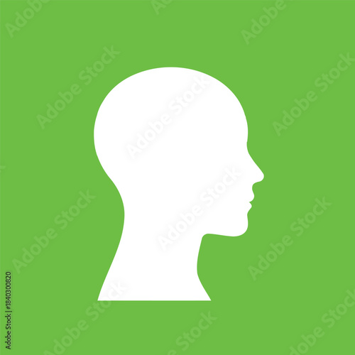A clean white silhouette of a human head and profile facing right against a vibrant solid green background representing a simple abstract concept or idea
