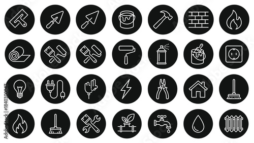 Construction and Home Improvement Icons – Visual Symbols for Tools, Materials, Plumbing, Electrical Work, Painting, Maintenance, and DIY Projects in Black Circular Design