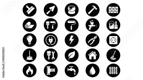 Construction and Home Improvement Icons – Visual Symbols for Tools, Materials, Plumbing, Electrical Work, Painting, Maintenance, and DIY Projects in Black Circular Design