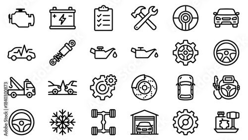 Automotive Maintenance and Component Icons – Visual Symbols for Vehicle Repair, Diagnostics, Fluids, Safety, Tools, and Mechanical Systems in a Clean Grid Layout