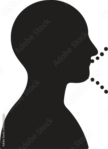 Silhouette of a human head profile with dotted lines emanating from the mouth indicating speech sound or breath exhaled representing communication or expression