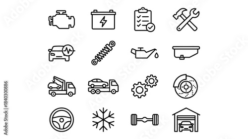 Automotive Maintenance and Component Icons – Visual Symbols for Vehicle Repair, Diagnostics, Fluids, Safety, Tools, and Mechanical Systems in a Clean Grid Layout