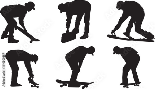 Black Solid Skateboard Maintenance and Preparation Silhouettes Set of Six on White Background
