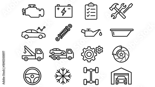 Automotive Maintenance and Component Icons – Visual Symbols for Vehicle Repair, Diagnostics, Fluids, Safety, Tools, and Mechanical Systems in a Clean Grid Layout