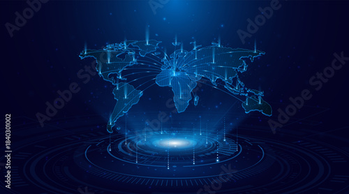 A holographic world map. The concept relates to a global network of connectivity. Internet technology or global communication.
