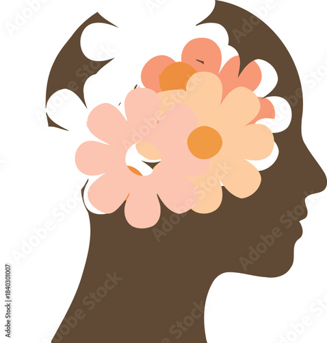 Abstract silhouette of a human head profile with colorful blooming flowers emerging from the top representing creativity imagination and mental well being in a conceptual illustration