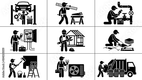 Skilled Trade Illustrations – Line Art Depictions of Vocational Professions Including Mechanic, Electrician, HVAC, Painter, Architect, Carpenter, Technician, and Sanitation Worker