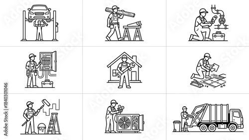 Skilled Trade Illustrations – Line Art Depictions of Vocational Professions Including Mechanic, Electrician, HVAC, Painter, Architect, Carpenter, Technician, and Sanitation Worker