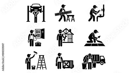 Skilled Trade Illustrations – Line Art Depictions of Vocational Professions Including Mechanic, Electrician, HVAC, Painter, Architect, Carpenter, Technician, and Sanitation Worker
