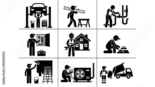 Skilled Trade Illustrations – Line Art Depictions of Vocational Professions Including Mechanic, Electrician, HVAC, Painter, Architect, Carpenter, Technician, and Sanitation Worker