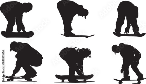 Black Solid Skateboard Maintenance and Preparation Silhouettes Set of Six on White Background