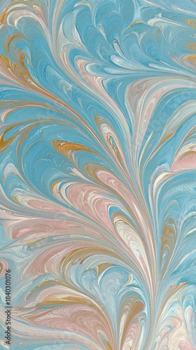 Colorful swirls of blue, pink, and gold fill the canvas with a flowing design during the daytime in an art studio