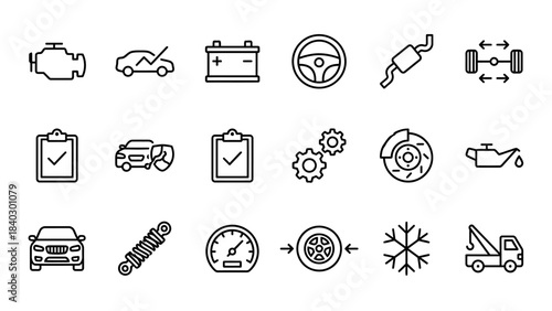 Automotive Component Icons – Visual Symbols for Vehicle Diagnostics, Maintenance, Fluids, Safety, Steering, Climate Control, and Repair Services in a Clean Grid Layout