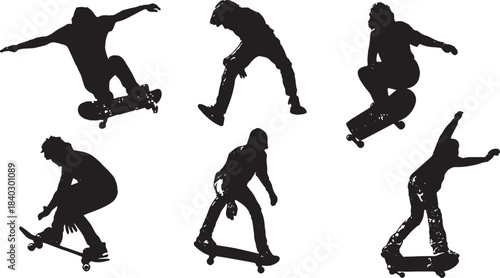 Black Solid Skater Board Pickup and Retrieval Silhouettes Set of Six on White Background