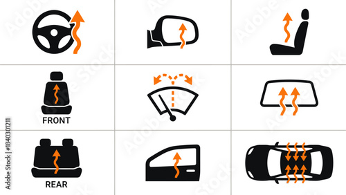 9 Heated Car Feature Icons – Visual Symbols for Steering, Seats, Mirrors, Windows, Cup Holders, and Interior Comfort in Cold Weather Vehicle Climate Control Systems