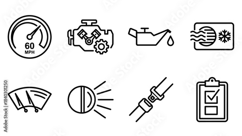 8 Essential Car Dashboard Icons – Black-and-White Line Symbols for Speed, Engine, Oil, Air Conditioning, Wipers, Headlights, Seatbelt, and Vehicle Inspection