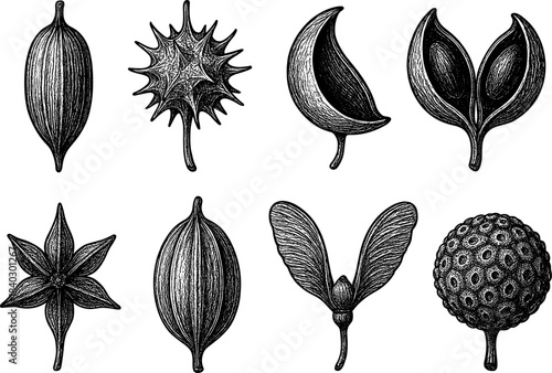 Intricate hand-drawn botanical seeds and pods collection with vintage charm