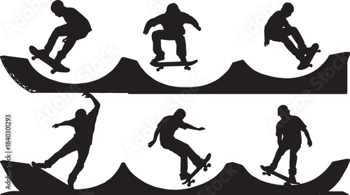 Black Solid Bowl Axle Grind and Stalls Silhouettes Set of Six on White Background