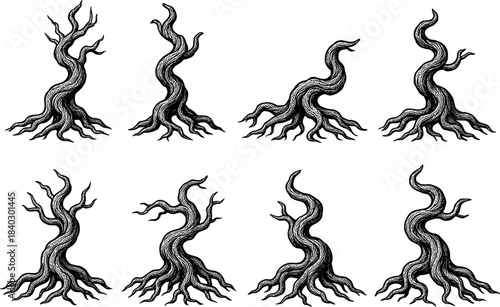 Set of intricate twisted tree silhouettes with roots