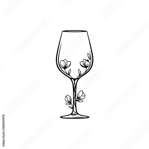 Elegant black and white line art of a wine glass adorned with blossoming flowers and leaves, isolated on white. isolated on transparent background