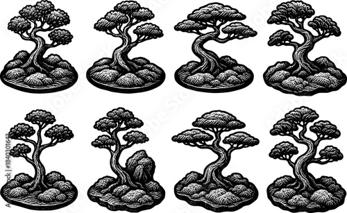 Vintage style engraved bonsai trees collection in monochrome