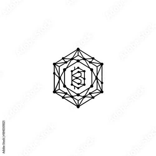 Bitcoin symbol within a geometric network structure, illustrating blockchain, cryptocurrency, and digital finance isolated on transparent background