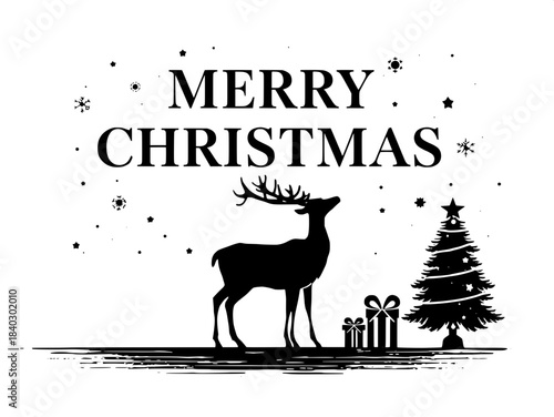 Black-and-white linocut-style holiday illustration. Large central “MERRY CHRISTMAS” text framed with stars and snowflakes. A reindeer silhouette stands below on textured ground, gazing upward. To the 