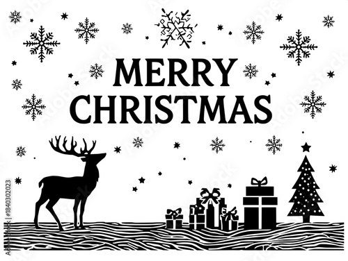 Black-and-white linocut-style holiday illustration. Large central “MERRY CHRISTMAS” text framed with stars and snowflakes. A reindeer silhouette stands below on textured ground, gazing upward. To the 