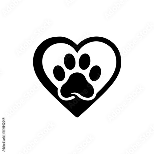 Black heart shape outline with white animal paw print inside, symbolizing pet love, care, and animal welfare isolated on transparent background