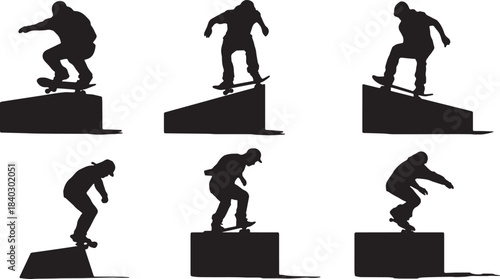 Black Solid Box Slides and Presses Tricks Silhouettes Set of Six on White Background