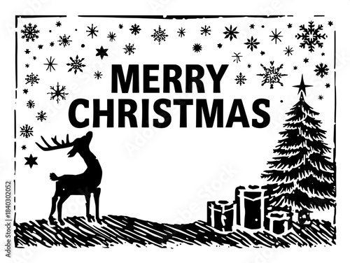 Black-and-white linocut-style holiday illustration. Large central “MERRY CHRISTMAS” text framed with stars and snowflakes. A reindeer silhouette stands below on textured ground, gazing upward. To the 