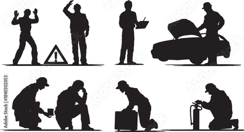 Black Solid Driver Breakdown and Emergency Silhouettes Set of Six on White Background