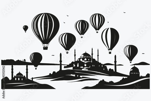 Cappadocia landscapes with hot air balloons sketch illustration vector