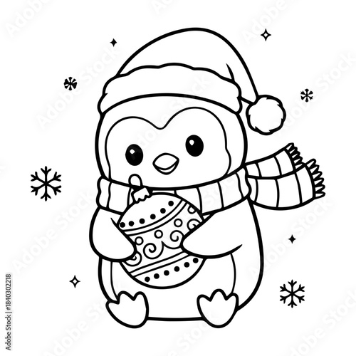 Cute cartoon penguin in winter hat holding a ball light of christmass with stons isolated on white