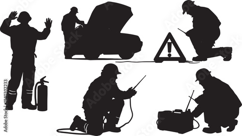 Black Solid Driver Breakdown and Emergency Silhouettes Set of Six on White Background