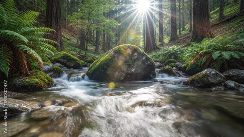 Sunlit forest stream glides over mossy rocks among ferns and tall trunks, tranquil and verdant. calm